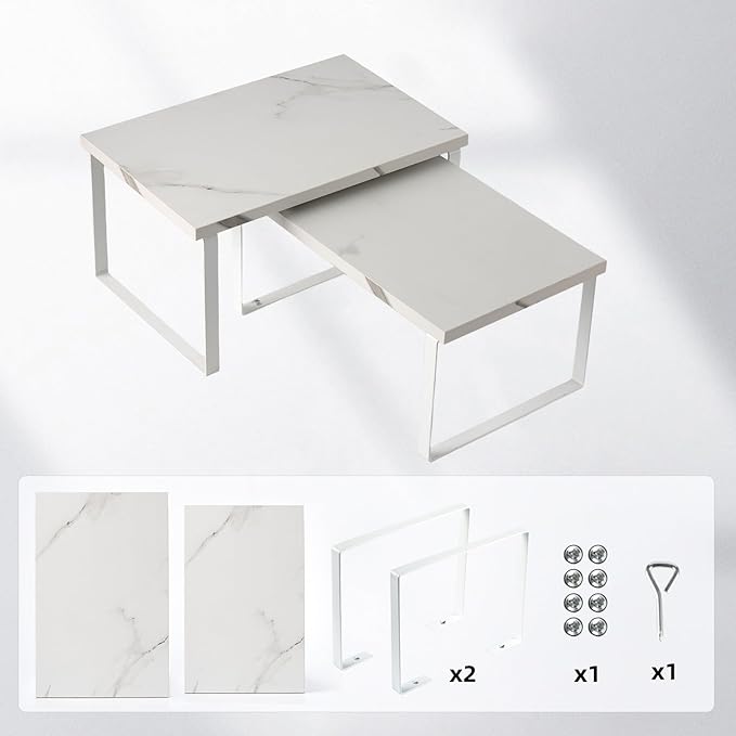 Cabinet Organizer Shelf, Set of 2 Expandable Kitchen Countertop Shelves with Spice Rack - Stackable Storage in Metal and Wood15.7 inches (White)