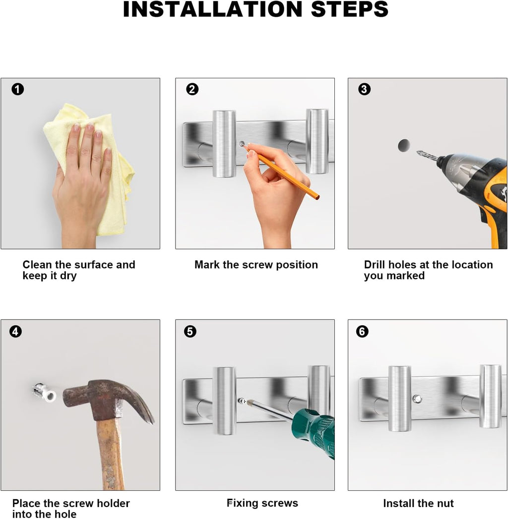 VAEHOLD 1PACK Hat and Coat Wall Mount Rack - 4 Hooks for Robes, Bags, Keys, and Towels - Bathroom Towel Hanger Organizer -Silvery