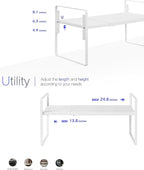 Nxconsu Cabinet Shelf Expandable Height Adjustable Shelf Organizer Riser for Kitchen Cabinet Pantry Cupboard Under Sink Countertop Organization Storage Space Saver Stackable Heavy Duty Metal White XL