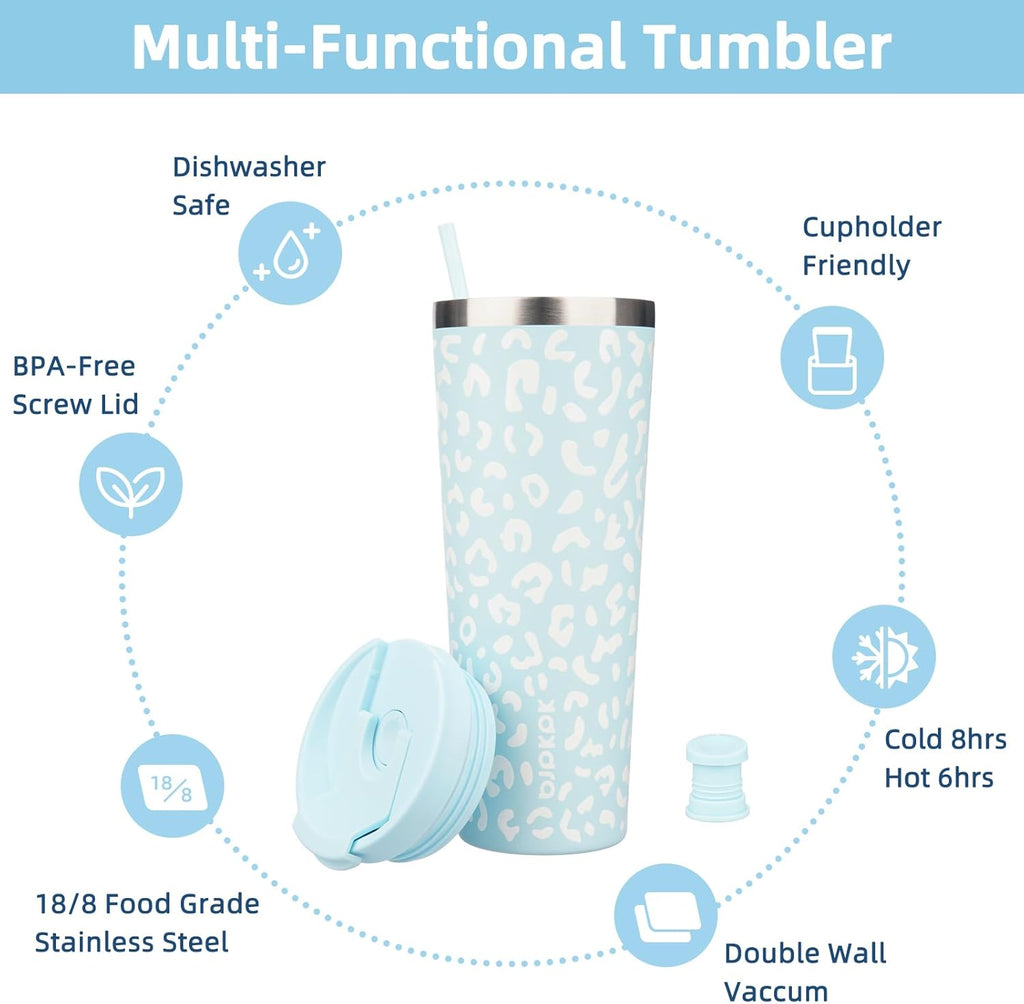 BJPKPK 26oz Tumbler With lid And Straw Stainless Steel Travel Coffee Mug Insulated Tumblers Cups,Light Blue Leopard