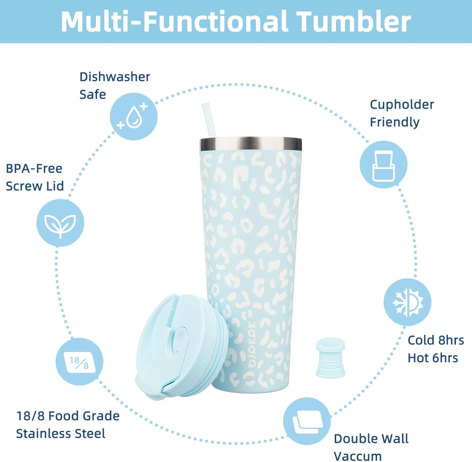 BJPKPK 26oz Tumbler With lid And Straw Stainless Steel Travel Coffee Mug Insulated Tumblers Cups,Light Blue Leopard