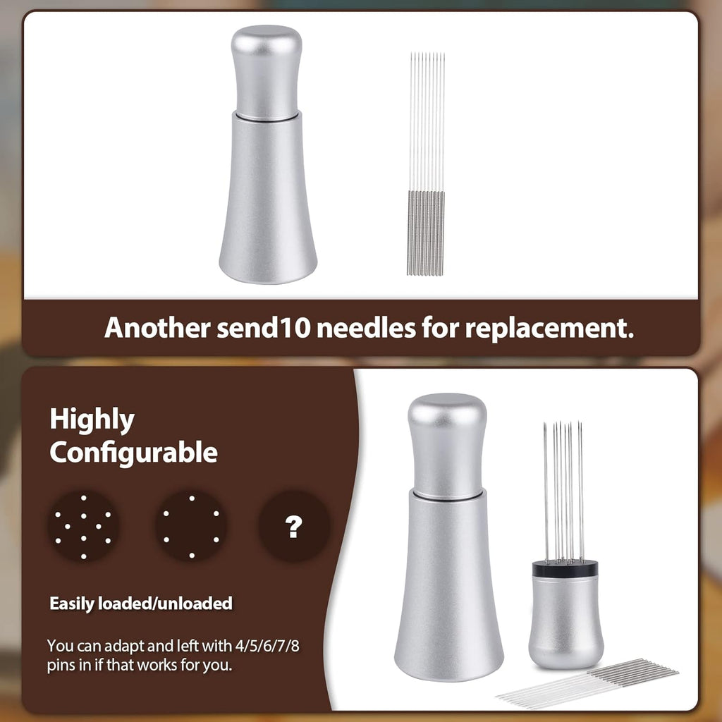 WDT tool, Espresso Distribution tools, 10 x 0.35mm 304 Stainless Steel Needles Installed with 10 Extra needles for Espresso Stirrer Replacement, Aluminum Alloy Handle with Stand (Matte Silver)