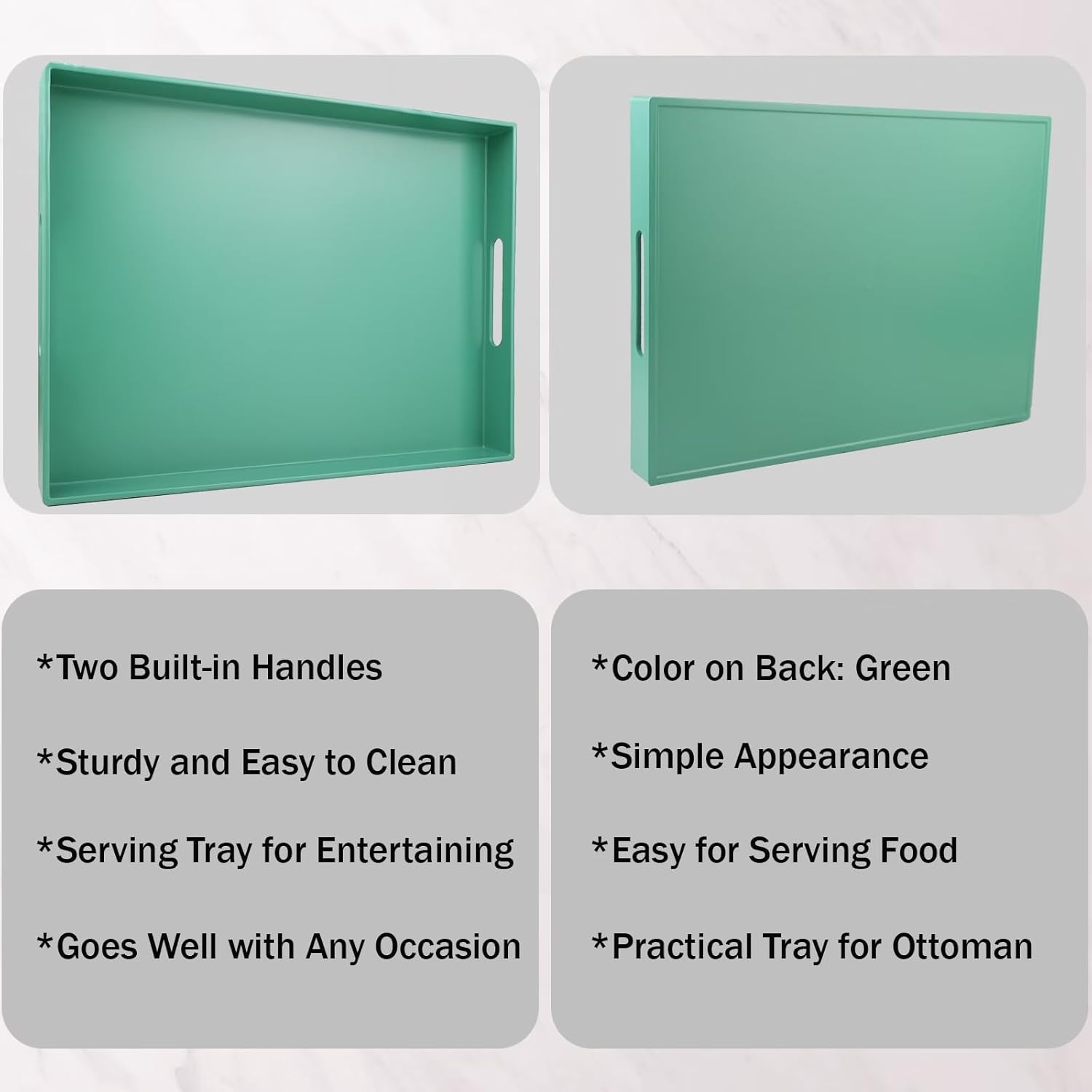 Green Serving Tray for Coffee Table, Rectangular Plastic Decorative Tray with Handles for Entertaining, Outdoor Patio, Living Room, Ottoman, Bathroom Counter, 11.8”*15.7”*1.6”