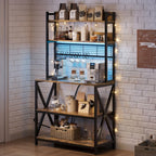 Yaheetech Kitchen Bakers Rack with Power Outlet & LED Lights, 5 Tiers Coffee Bar Table with 8 S Hooks, 64 Inches Tall Microwave Oven Stand with Storage for Spices, Pots, Rustic Brown