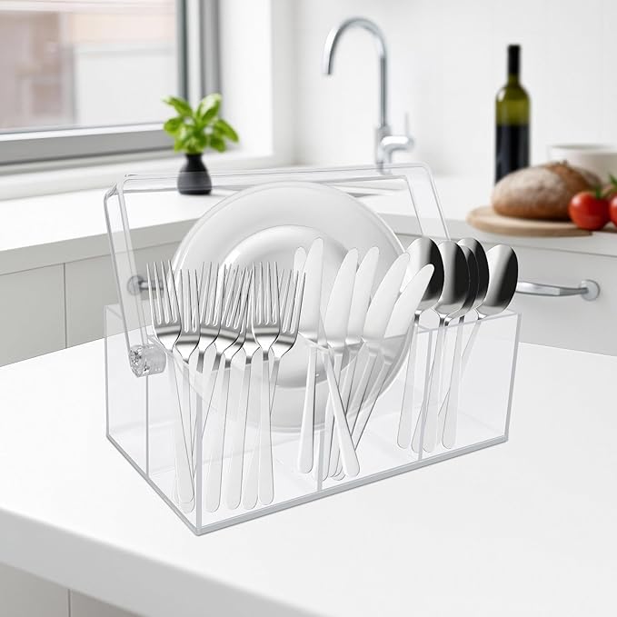 Acrylic Utensil Holder,Silverware Organizer for Countertop,Kitchen Table,Buffet & Picnic Party,Heavy-Duty Cutlery Caddy for Spoons, Forks,Knives & Napkins,Space-Saving Indoor Outdoor Essential