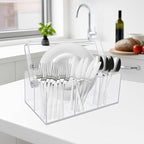 Acrylic Utensil Holder,Silverware Organizer for Countertop,Kitchen Table,Buffet & Picnic Party,Heavy-Duty Cutlery Caddy for Spoons, Forks,Knives & Napkins,Space-Saving Indoor Outdoor Essential