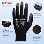KAYGO Safety Work Gloves PU Coated,12 Pairs KG11PB Seamless Knit Glove for Men and Women, with Smooth Grip on Palm and Fingers, Ideal for General Duty Work (X-Small, Black)