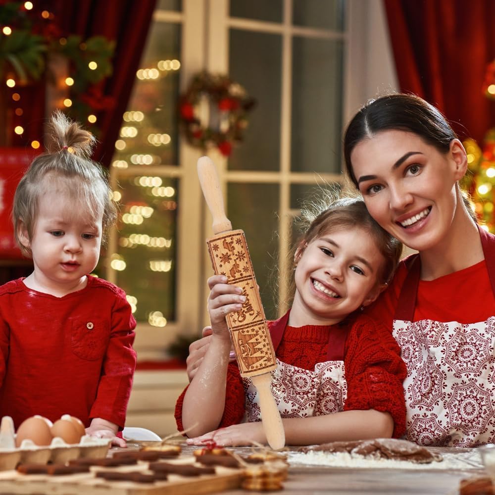17" Premium Wood Rolling Pin with Nativity Embossed Designs | 3mm Deep Springerle Cookie Molds | Christmas Rolling Pin & Baking Gifts for Women | Includes 3-in-1 Cleaning Brush ﻿