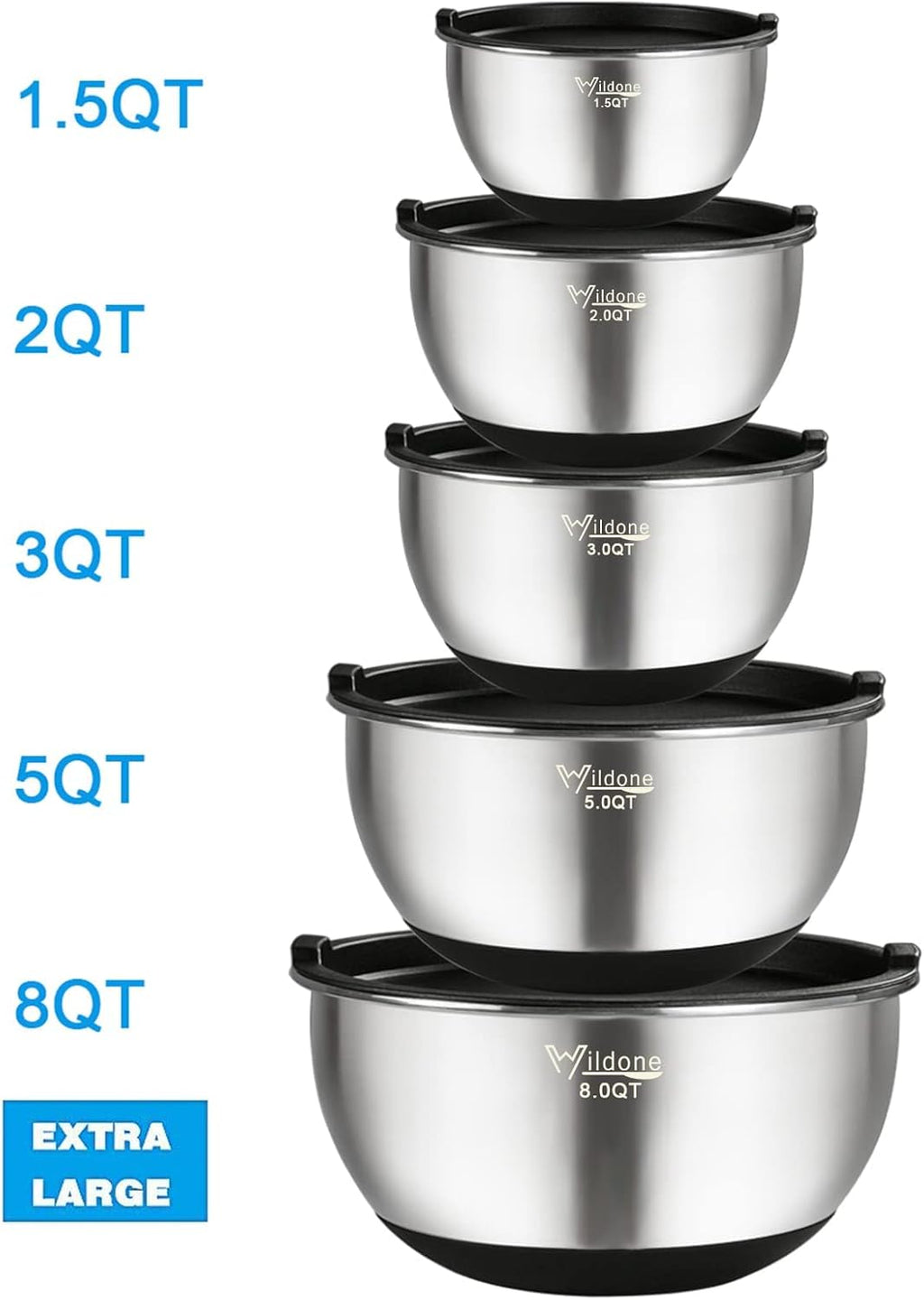 Wildone Mixing Bowls with Airtight Lids, Stainless Steel Nesting Mixing Bowls Set of 5, with Non-slip Silicone Bottoms, Size 8, 5, 3, 2, 1.5 QT, Stackable Design, Great for Mixing and Prepping
