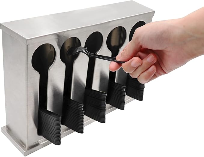 Dnoifne Utensil Dispenser, 5 Compartment Stainless Cutlery Organizer, Large Capacity Spoon Storage Device, Stainless Steel Spoon Storage Box, Dining Room Buffet Table Cutlery Dispenser