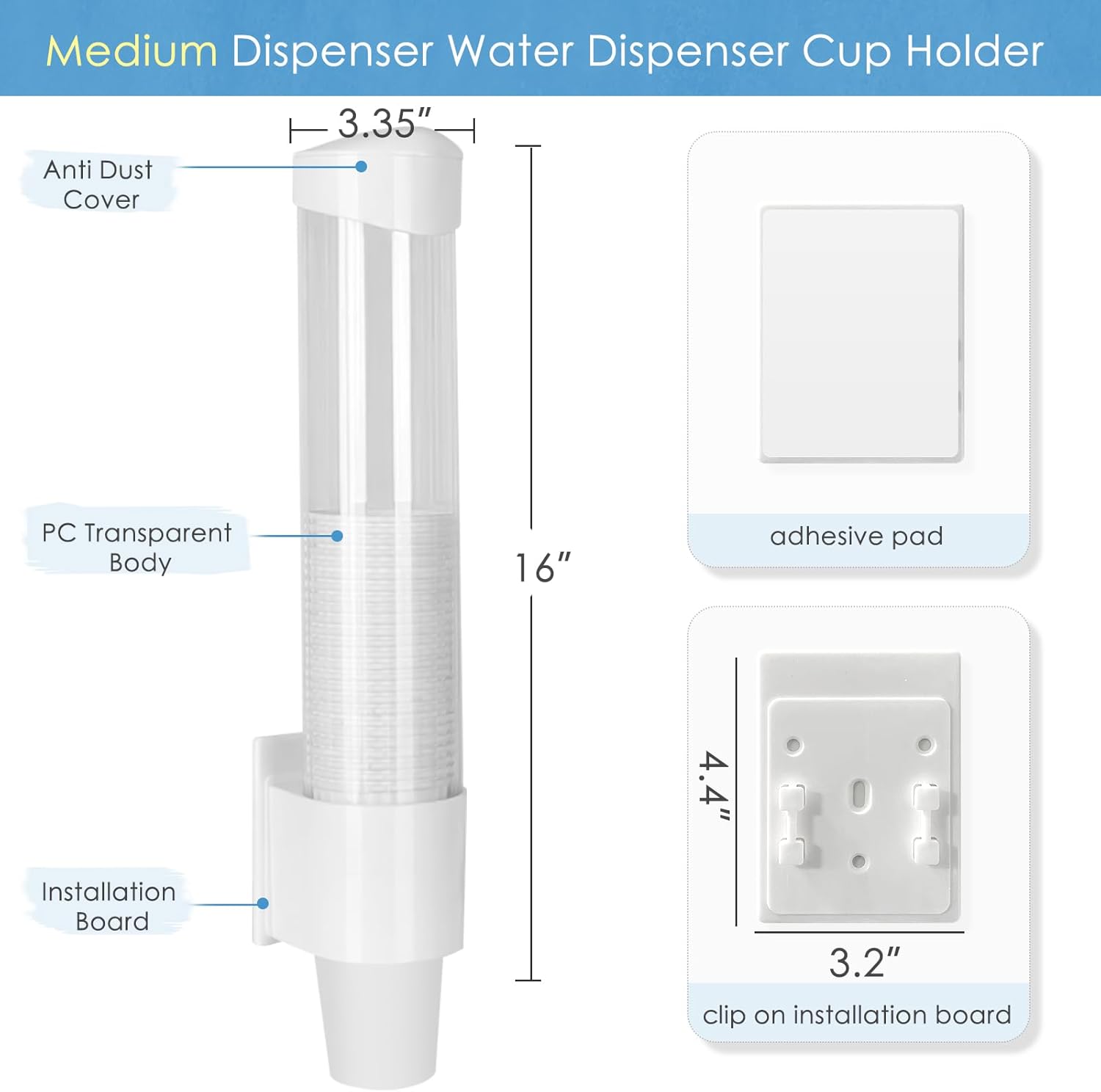Cup Dispenser Medium Pull Type, Paste or Screw Plate Mountable Cup Holder, Fits 5oz - 7oz Cone or Flat Bottom Cups, 16” Tube Length, Mounting Water Dispenser Cooler or Wall (Medium, White)