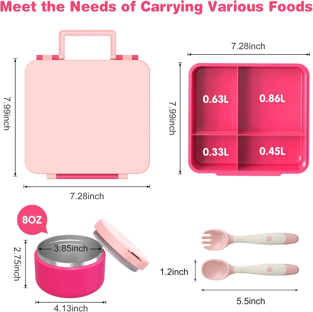 Bento Lunch Box with 8oz Soup Thermo, Kids Leakproof Lunch Food Containers with 4 Compartment, Kids Thermo Insulated Hot Food Jar for School, Trvael - (Pink)