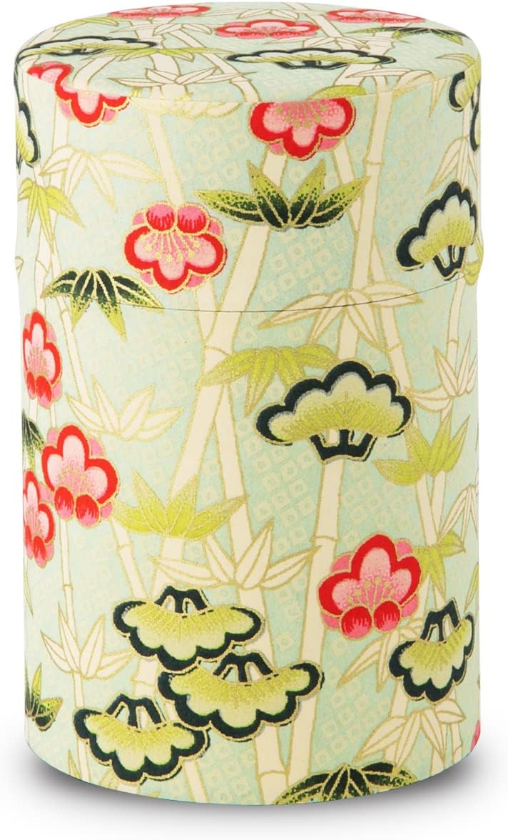 NOREN Japanese Tea　Canister Tin (Yuzen Washi Paper), 3.5oz Size Made in JAPAN with Includes Inner Lid of Airtight Damp-Proof/Kitchen Jar for Loose Leaf Coffee Tea (Pine, Bamboo and Plum/Green)