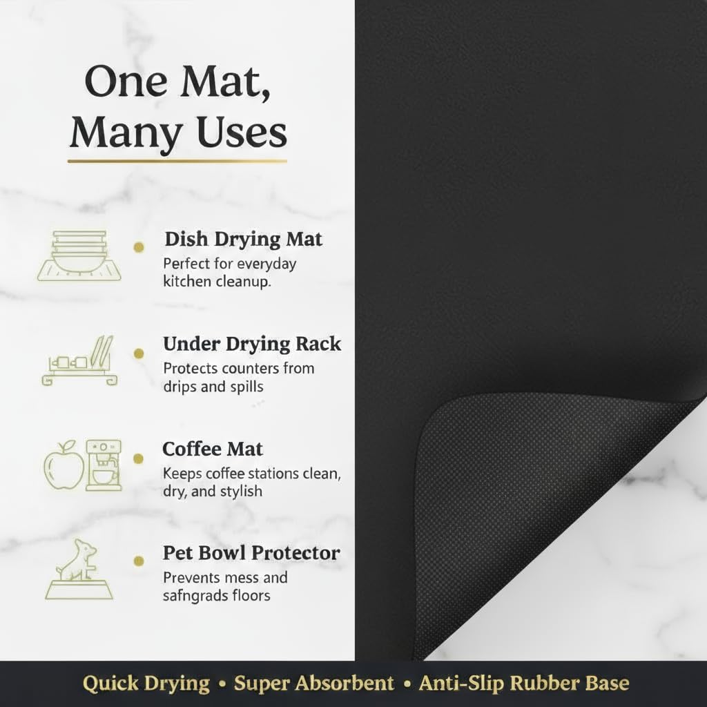 Dish Drying Mat Super Absorbent – 17" x 31" Coffee Mat for Countertops – Non-Slip Drying Mat for Kitchen Counter – Easy to Clean Water Absorbent Mat – XLarge Dish Drying Mats (Black)