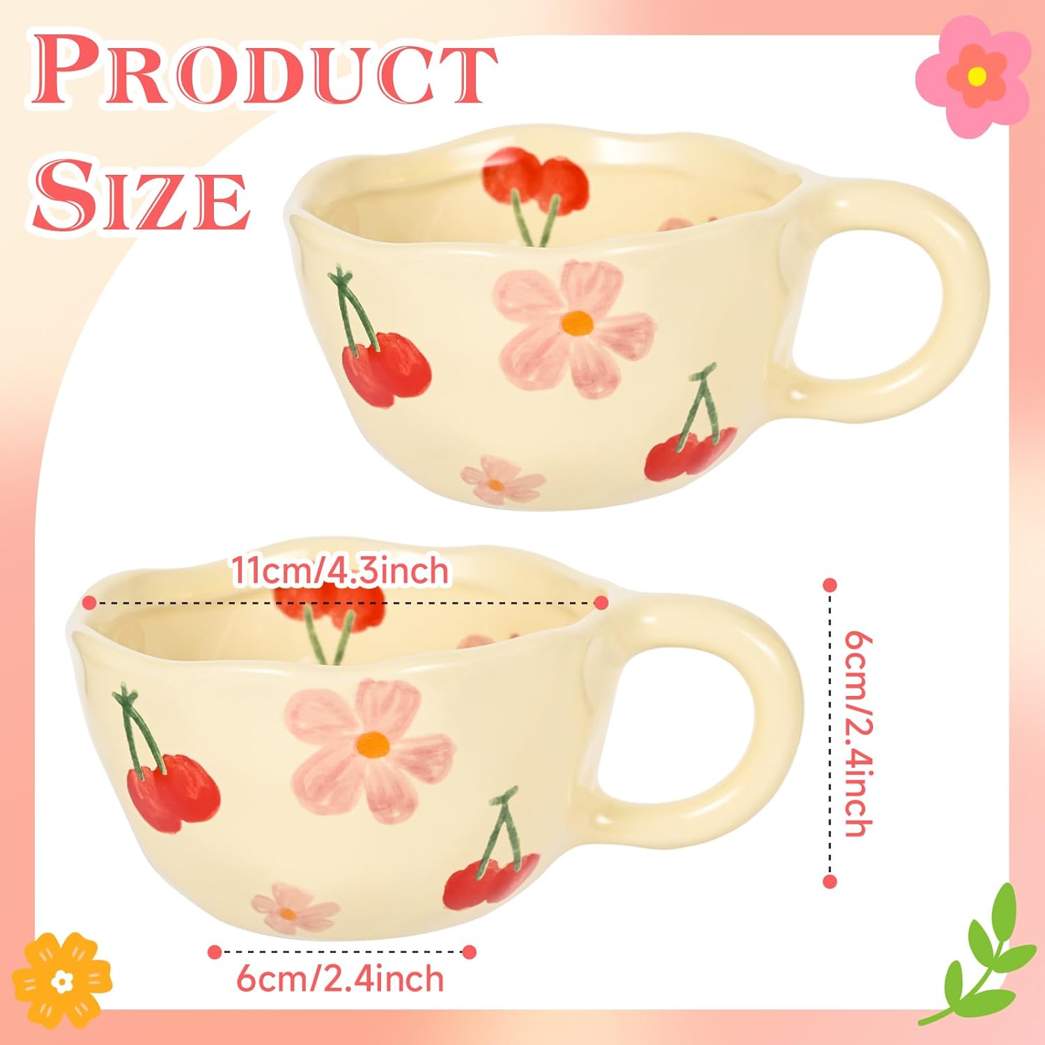 Ceramic Coffee Mug Vintage Flower Mugs 8 oz Cute Floral Coffee Mugs Irregular Latte Art Cup Lead-free Porcelain Cups for Cappuccino, Cocoa (2 Pcs Pink Cherry)