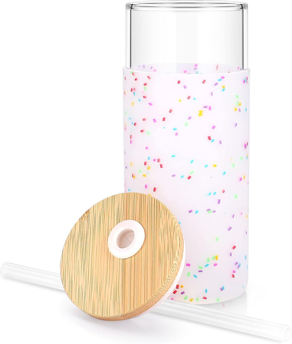 Tronco 20 oz Glass Tumbler Glass Water Bottle Straw Silicone Protective Sleeve Bamboo Lid - BPA Free (Colorful spots/ 1pack)