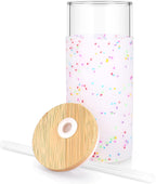 Tronco 20 oz Glass Tumbler Glass Water Bottle Straw Silicone Protective Sleeve Bamboo Lid - BPA Free (Colorful spots/ 2pack)