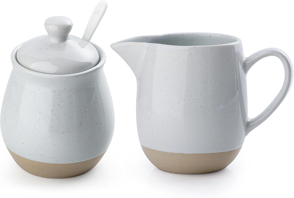famiware Milkyway Ceramic Sugar and Creamer Set, 10oz Sugar Bowl & 13oz Creamer Set – Stoneware Milk Pitcher & Sugar Dispenser for Coffee Bar, Kitchen, or Countertop, Coffee Serving Set, Light Gray