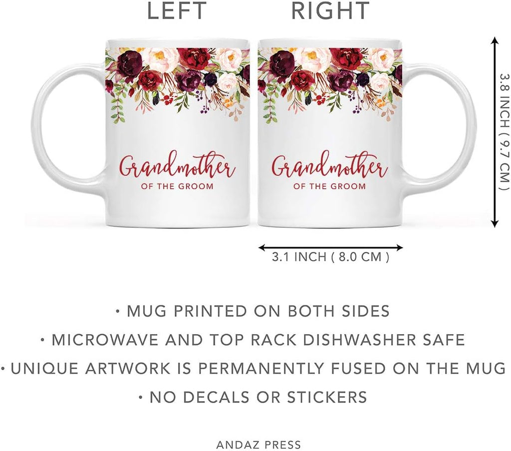 Andaz Press 11oz. Wedding Ceramic Coffee Tea Mug Gift, Fall Autumn Marsala Burgundy Flowers Roses Florals, Grandmother of the Groom, 1-Pack, Includes Gift Box