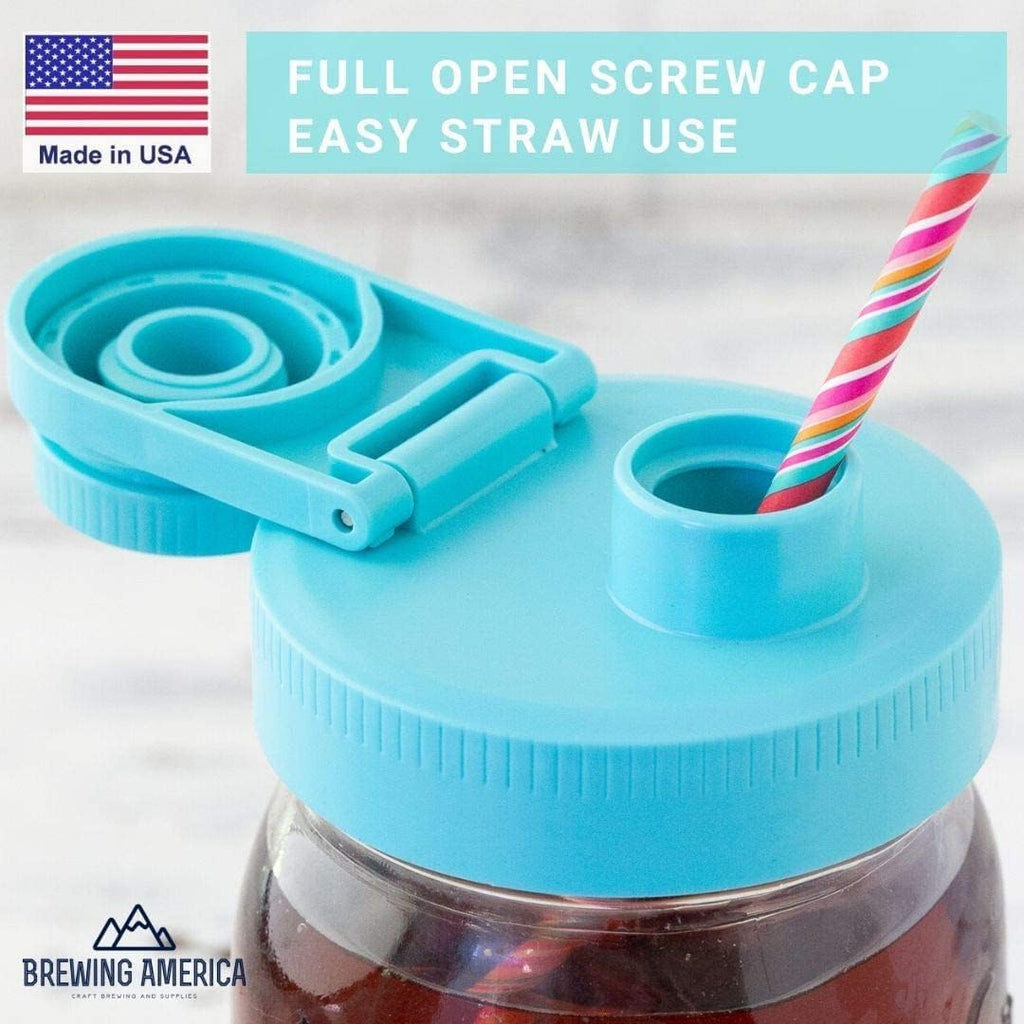Brewing America Mason Jar Drinking Cup Pint and Half Drinking Lid and Azure 24oz Jar (2, Teal)