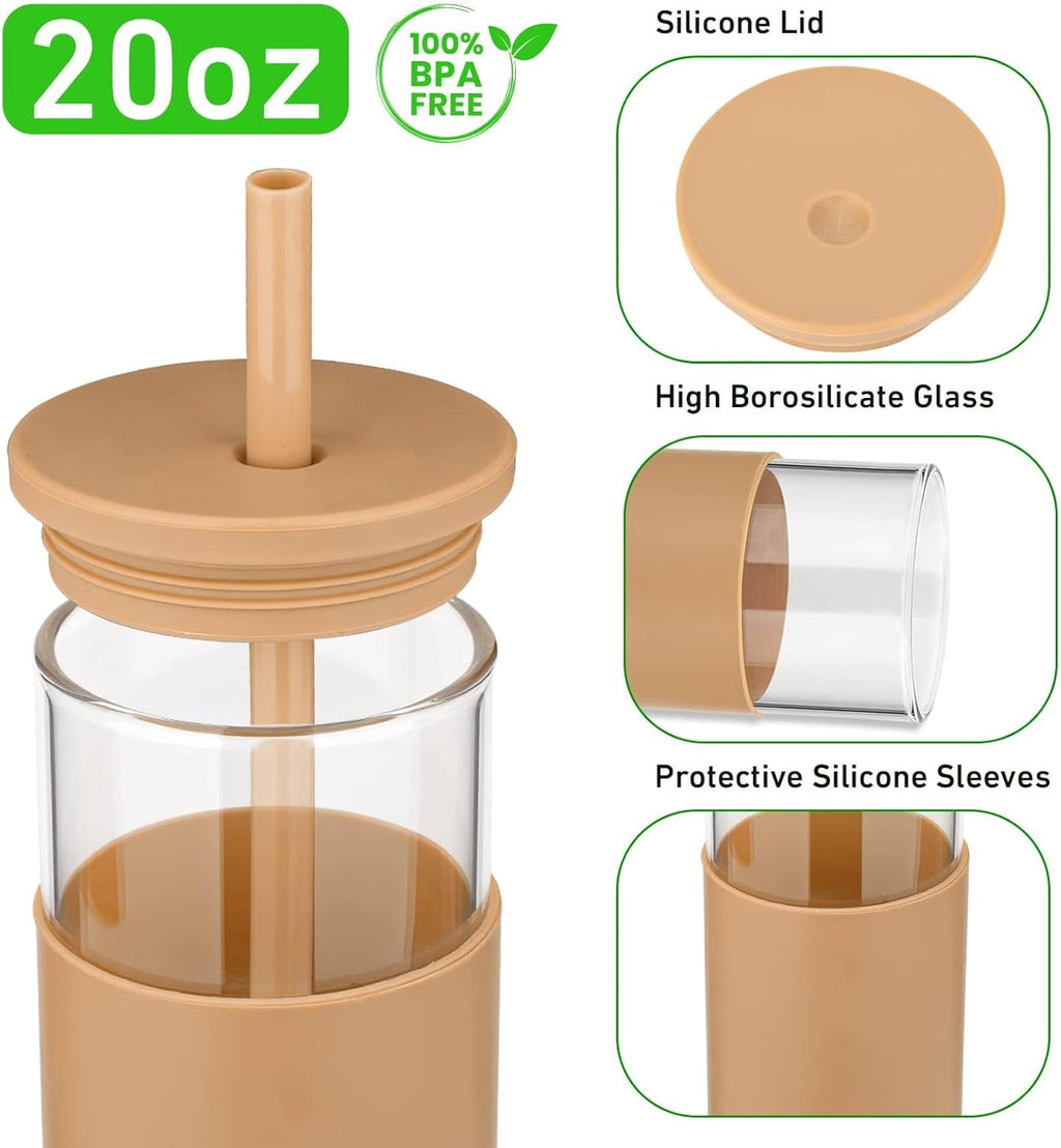 Tronco 20 oz Glass Tumbler With Lids and Straws, Reusable Smoothie Cups With Silicone Lid, Iced Coffee Cup With Silicone Protective Sleeve, Dishwasher Safe- BPA Free（Blackish Green 1 Count）