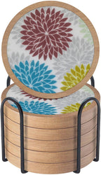 Wood Coasters Set of 6 with Holder, Cewiru Cup Mat for Drinks, Absorbent Coasters with Felt Insert for Coffee Table Protection, Modern Style Home Dining Table Decor, 4.3" Colorful