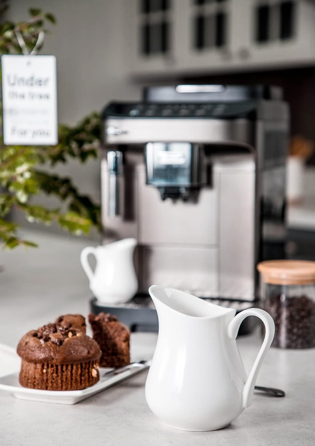 Nucookery 2 Pack 8 Oz White Creamer with Handle, Ceramic Small Creamer Pitcher Set of 2, Porcelain Small Milk Pitcher For Coffee Sauces Salad Milk, Microwave & Freezer Safe (8-Ounce, Set/2)