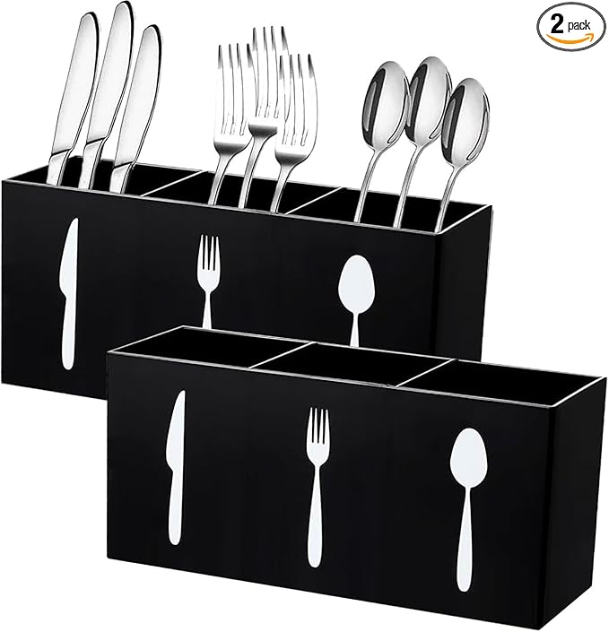 2 Pcs Acrylic Cutlery Storage Organizer Bin Silverware Cutlery Utensil Holder Caddy Knife Spoon and Fork Organizer 3 Section Tableware Storage Box for Kitchen Cabinet Flatware Dining Room Party