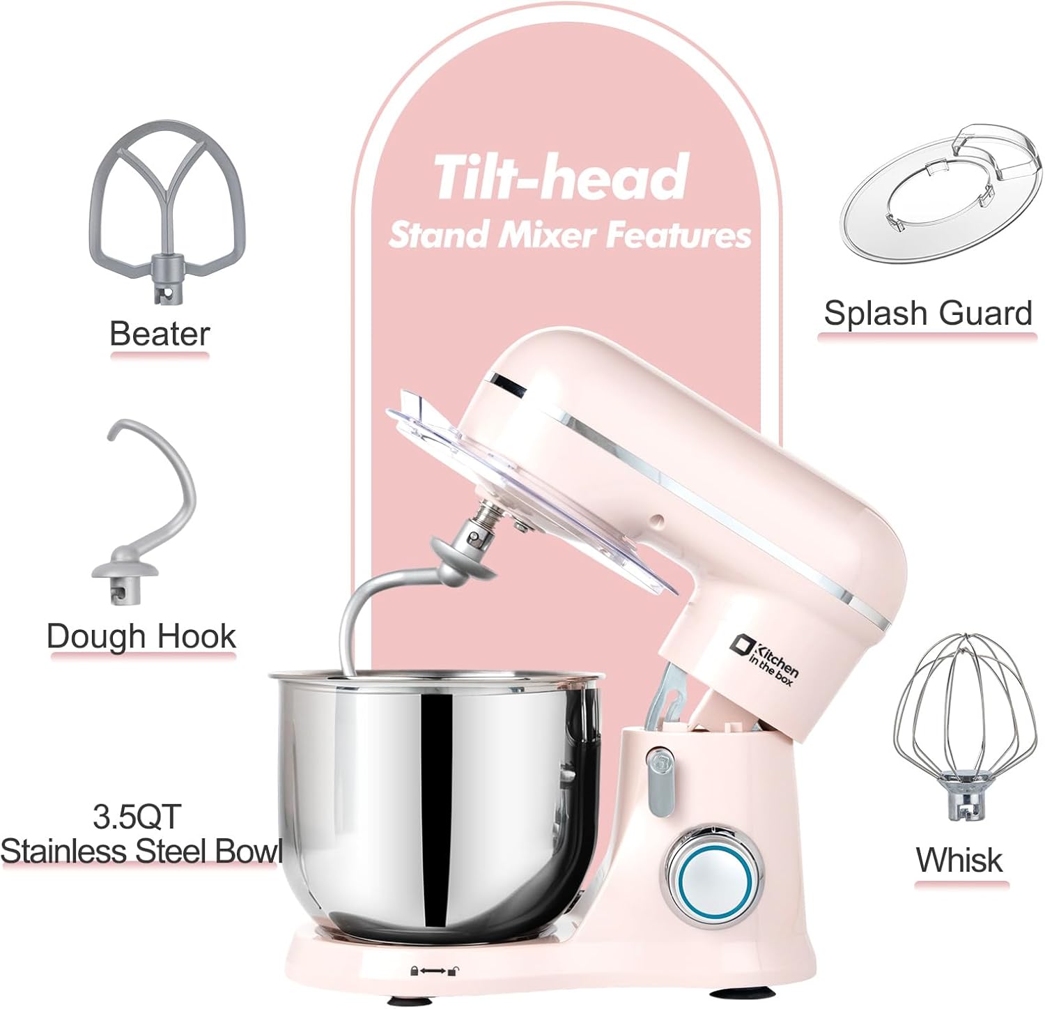 Kitchen in the Box Stand Mixer, 3.5 QT Small Electric Kitchen Mixer, 10-Speed Portable Lightweight Food Mixer with Stainless Steel Bowl, Egg Whisk, Dough Hook, Beater (Light Pink)