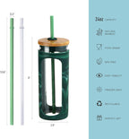 Kodrine 20oz Glass Tumbler with Straw and Lid, Iced Coffee Cups with Bamboo Lids, Glass Cups for Cold Drinks, Smoothie Cup with Silicone Sleeve for Travel, Work, BPA FREE-Green