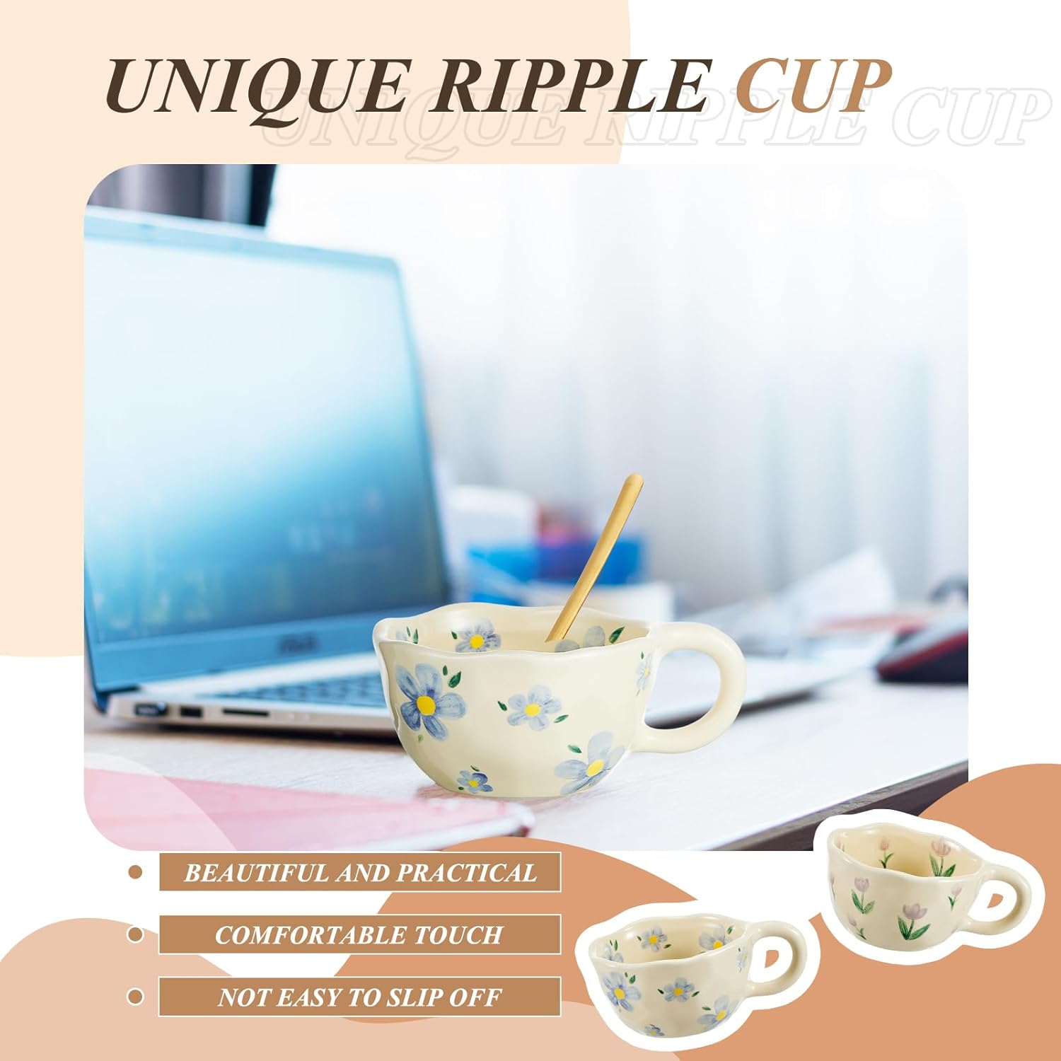 Vesici 2 Pcs Ceramic Coffee Mugs Flower Cups with Spoon Vintage Floral Mugs with Handle 8.5 oz Aesthetic Tea Porcelain Cup Gift for Valentine Office Home, Dishwasher and Microwave Safe(Vibrant)