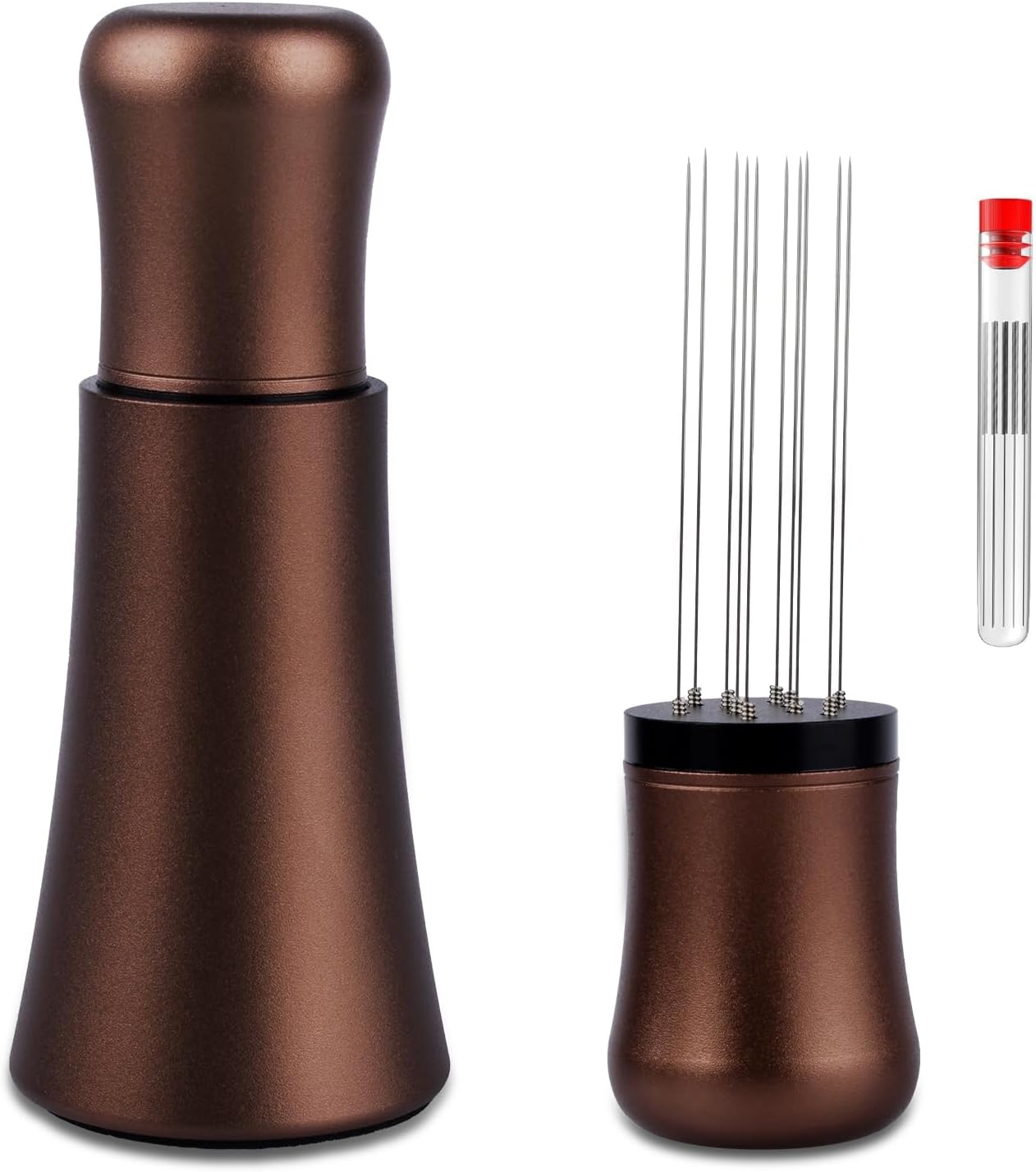 WDT tool, Espresso Distribution tools, 10 x 0.35mm 304 Stainless Steel Needles Installed with 10 Extra needles for Espresso Stirrer Replacement, Aluminum Alloy Handle with Stand (Matte Brown)