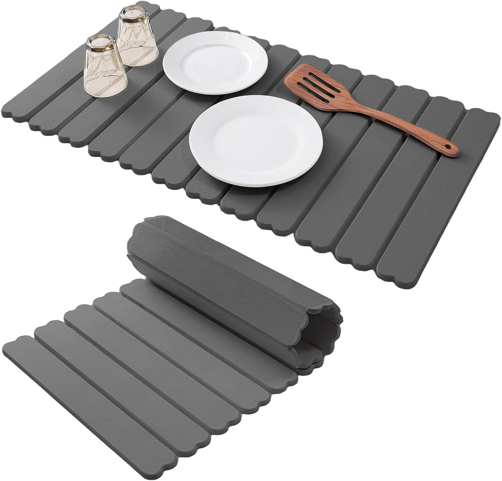 Extral Large Quick Dry Stone Drying Mat for Kitchen Counter,28x16 Inch Collapsible Eco-Friendly Absorbent Diatomaceous Earth Mat for Dishes Cups,Dish Drying Mats (Dark grey-Love shape, 28x16 inch)