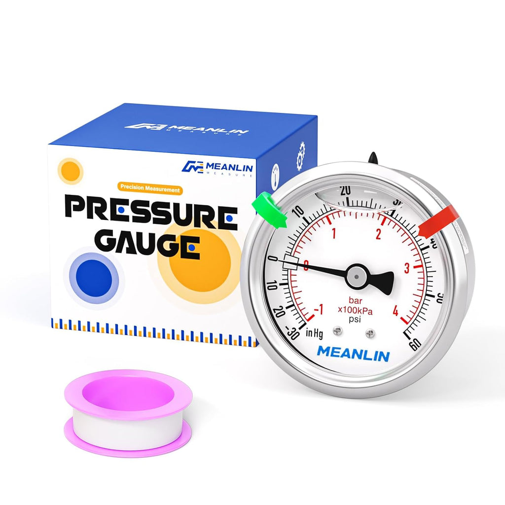 MEANLIN MEASURE -30inHG~60Psi Vacuum Pressure Gauge 1/8" NPT 2.5" FACE DIAL, Stainless Steel Liquid Filled Pressure Gauge WOG Water Oil Air Center Back Mount (with 2PCS Snaps)