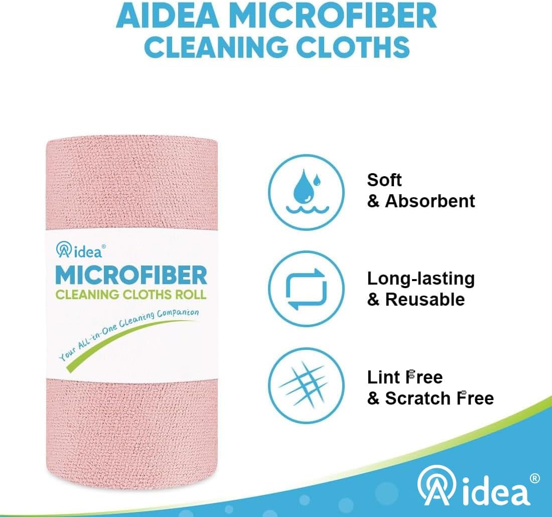 AIDEA Microfiber Cleaning Cloth 330 Sheets 6 Roll, Pink, Microfiber Towels for Cars, Shop Rags Washable,Cleaning Rags Reusable Paper Towels for Automotive, Mechanic, Workshops, House,11×9"