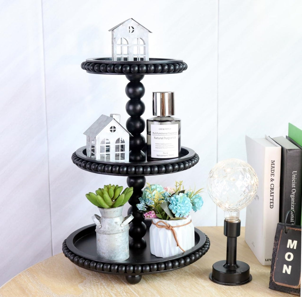3 Tier Serving Tray， Wood Cupcake Stand，3 Tier Cupcake Stand，Tiered Tray Stand，Wooden Tiered Tray Stand，Suitable for Weddings/Birthdays/Dinners，（Black）.