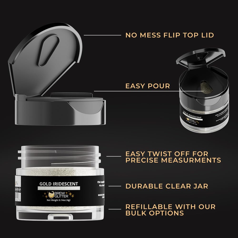 Brew Glitter Iridescent Gold Edible Drink Glitter 1x 4g Jar for Cocktails, Beer, & Beverages