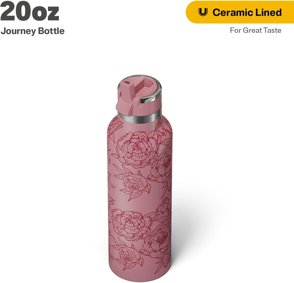 RTIC 20oz Journey Bottle Metal Stainless Steel Vacuum Insulated, BPA Free, Reusable, for Water, Hot and Cold Drinks, Travel, Sports, Camping, Pink Peonies