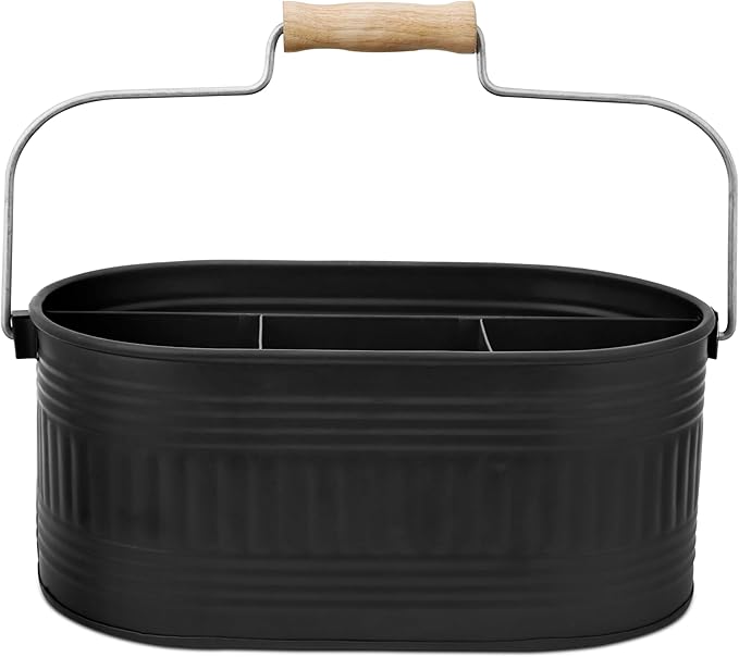 Alpha Living Home Large Silverware Drawer Organizer, Utensil Holder, Silverware Organizer, Caddy, Cutlery Holder, Wooden Handle 4-Section Galvanized Flatware Organizer for Kitchen, BBQ Black