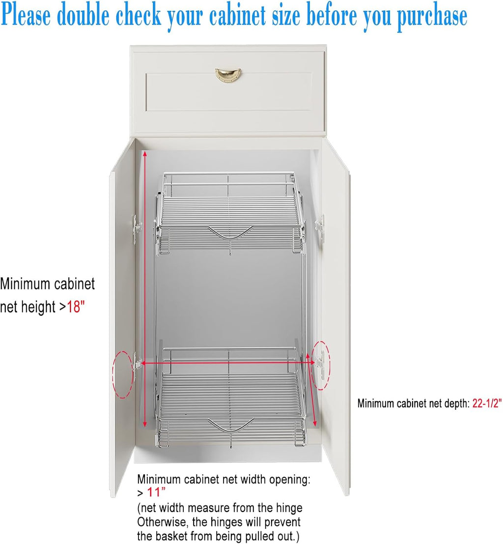 DINDON 2 Tier Pull Out Cabinet Organizer (11"W X 21"D), Double Tier Wire Basket Slide Out Shelf Storage for Kitchen Base Cabinet Organization for Kitchen, Pantry, Bathroom, Chrome