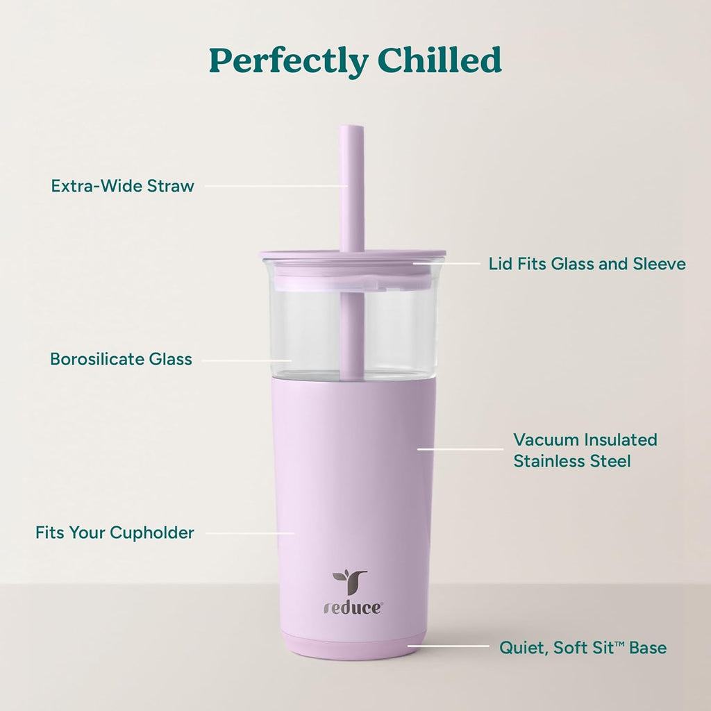 REDUCE Aspen 20 oz Vacuum Insulated Glass Tumbler with Lid & Extra Wide Straw - Keeps Drinks Cold for 12 Hrs - Ideal for Iced Coffee, Smoothies & Boba - Dishwasher Safe, Soft Base - Lilac Bud