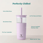 REDUCE Aspen 20 oz Vacuum Insulated Glass Tumbler with Lid & Extra Wide Straw - Keeps Drinks Cold for 12 Hrs - Ideal for Iced Coffee, Smoothies & Boba - Dishwasher Safe, Soft Base - Lilac Bud