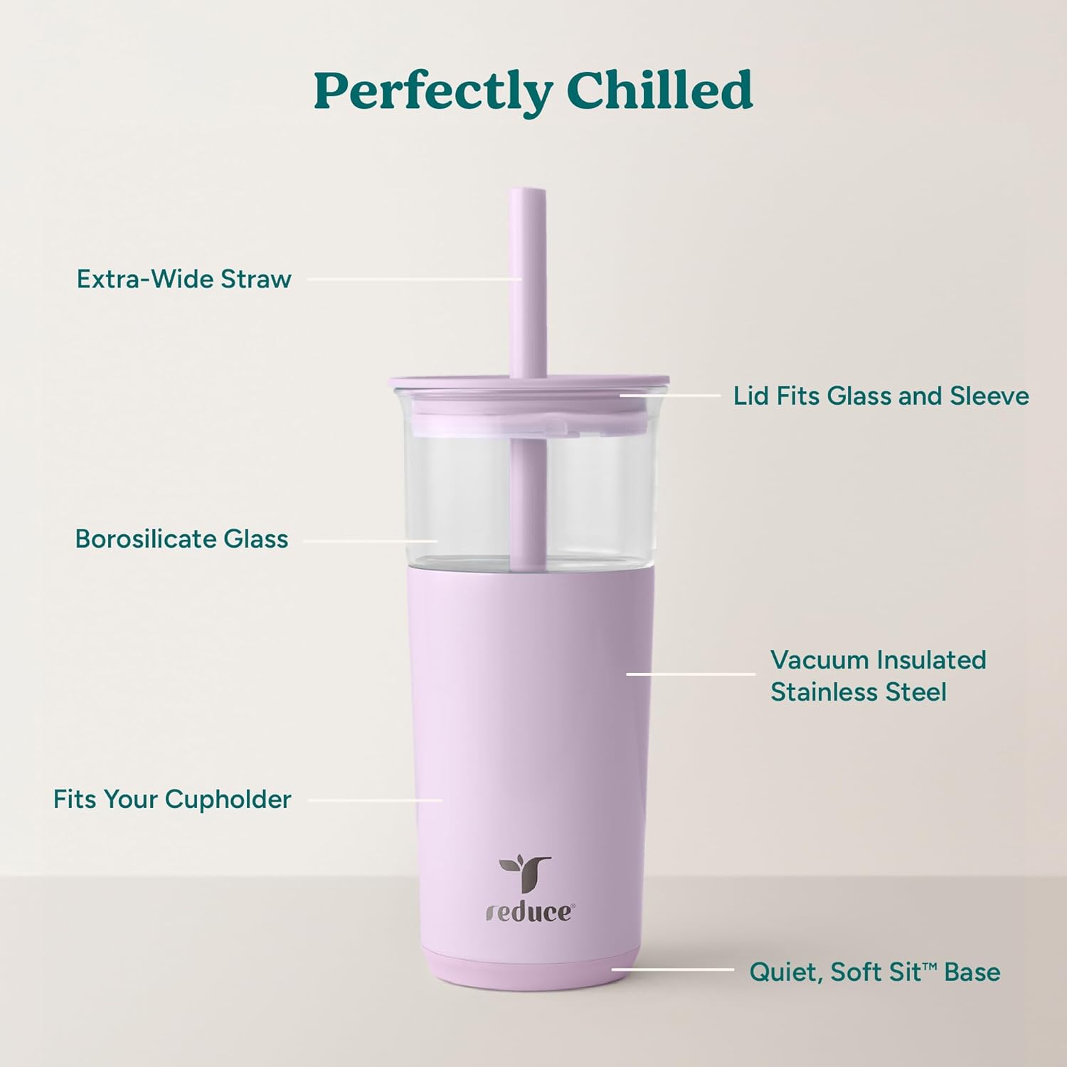 REDUCE Aspen 20 oz Vacuum Insulated Glass Tumbler with Lid & Extra Wide Straw - Keeps Drinks Cold for 12 Hrs - Ideal for Iced Coffee, Smoothies & Boba - Dishwasher Safe, Soft Base - Lilac Bud