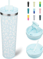 BJPKPK 34oz Tumbler With lid And Straw Stainless Steel Travel Coffee Mug Insulated Tumblers Cups,Light Blue Leopard