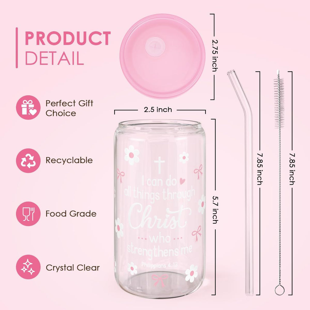 SANDJEST Christian Glass Can Tumbler 16oz, Inspirational Glass Cup with Lid & Straw, Iced Coffee Aesthetic Cups for Women Girls, Gifts Idea for Christmas Birthday