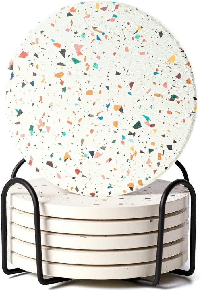 Absorbent Coaster Set of 6 with Holder, Drink Coasters for Coffee Table, Kitchen, Home Decor, Cute Ceramic Round Coasters, Alternative to Silicone, Cork or Glass Coaster (Confetti with Black Holder)