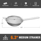 Walfos 6.3 Inch Fine Mesh Strainer, Premium Stainless Steel Sieve and Sifter with Handle, Kitchen Metal Strainers for Rice, Quinoa, Fruits, Noodles, Flour