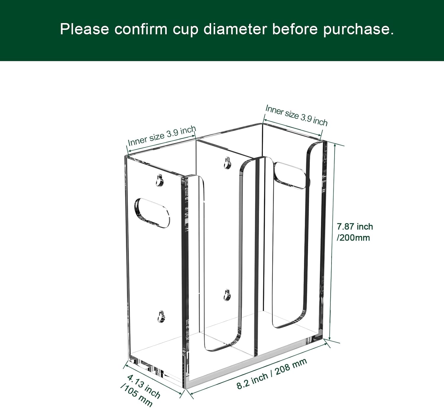 Disposable Coffee Cup Dispenser with Handles, Countertop or Wall Mount Hot/Cold Drink Cup and Lid Holder - Bathroom/Kitchen/Office Acrylic Cup Lid Storage Organizer (2 Compartments, Clear)