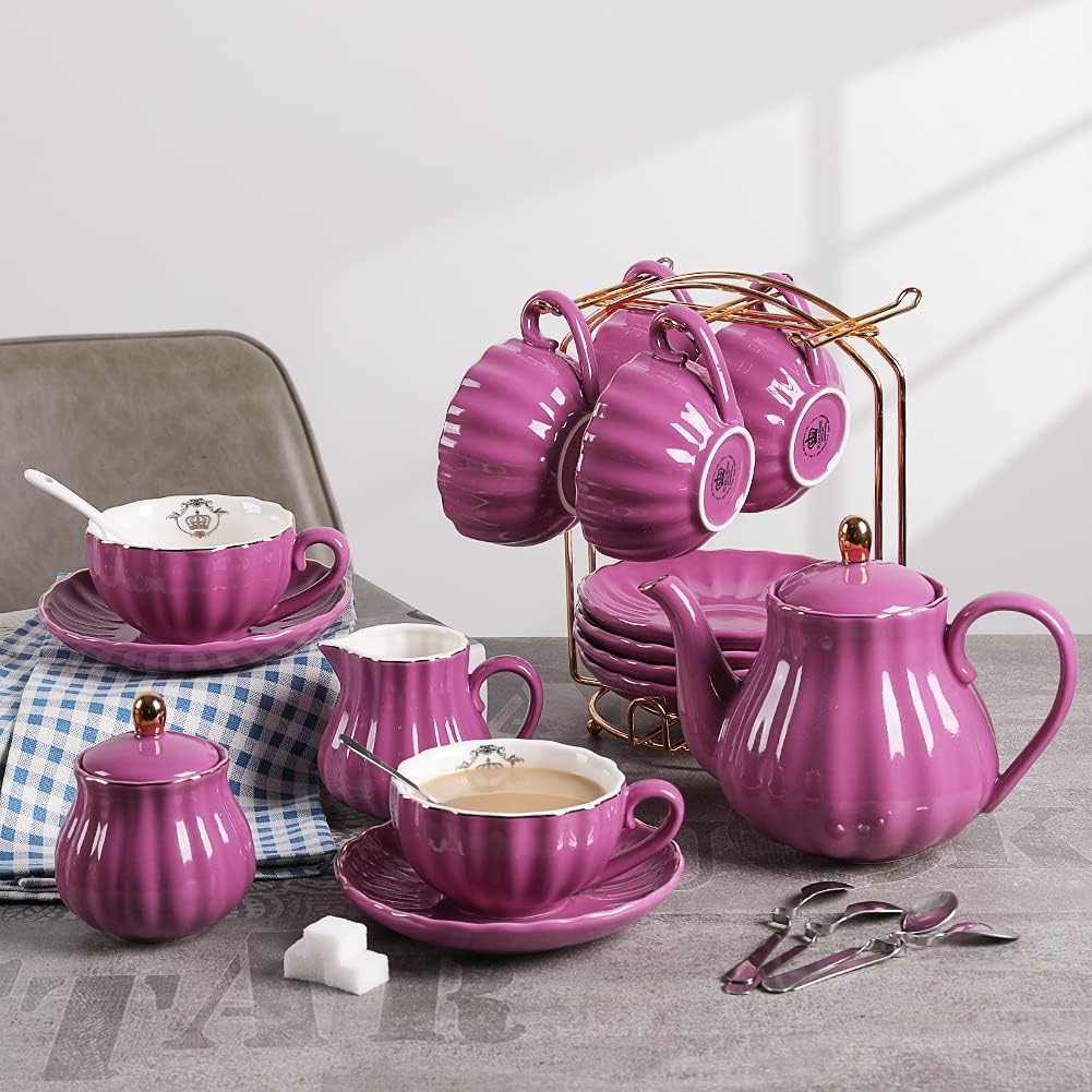 Porcelain Tea Sets British Royal Series, 8 OZ Cups& Saucer Service for 6, with Teapot Sugar Bowl Cream Pitcher Teaspoons and Tea Strainer, Suitable for High Tea, Wedding, Party (Violet)