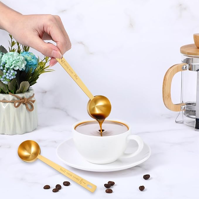 2 PCS Gold Measuring Spoons, 15 Ml and 30 Ml Stainless Steel Coffee Spoons Set Coffee Scoop for Ground Coffees, Long Handle Tablespoon Measuring Spoon for Milk Sugar Protein Brewin Gold Tea Spoon